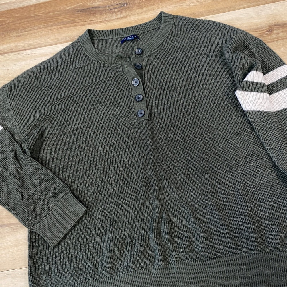 American Eagle Henley Sweater Mens XL Ribbed Varsity Stripe Olive Green Casual